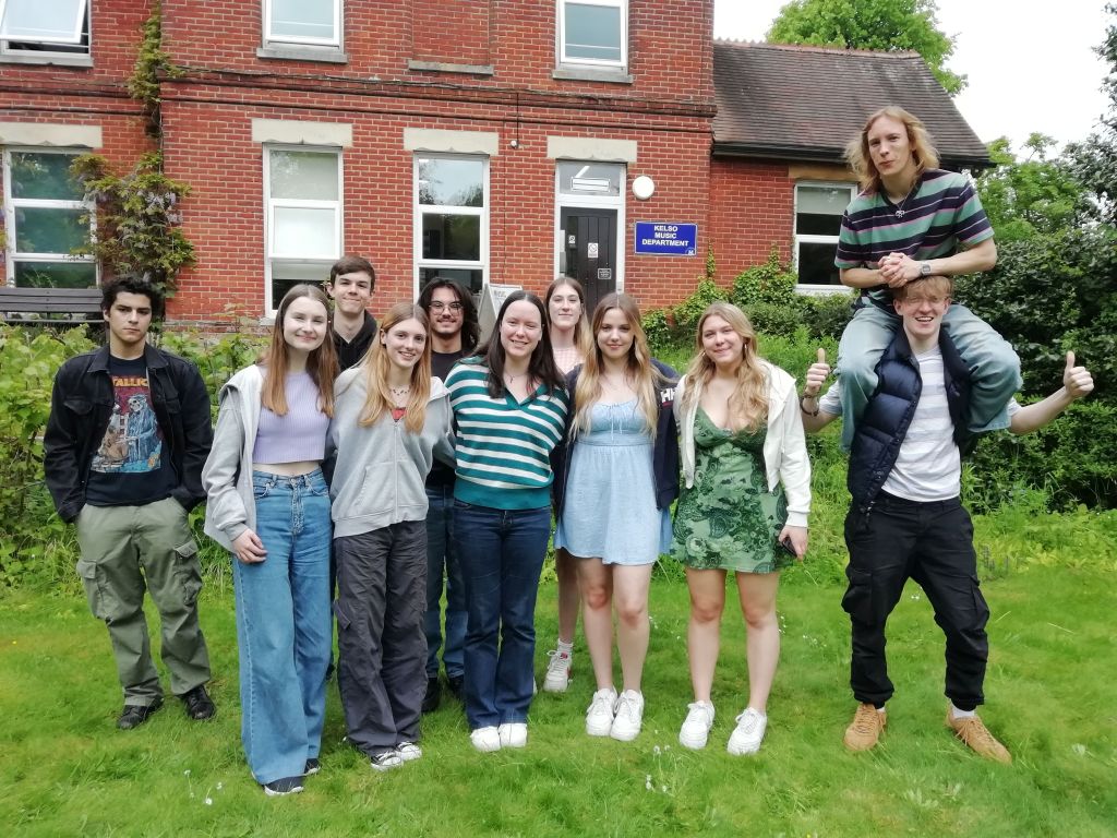 Eleven of the 12 successful students pictured outside Kelso, the College's music department. Eleven of the 12 successful students pictured outside Kelso, the College's music department.